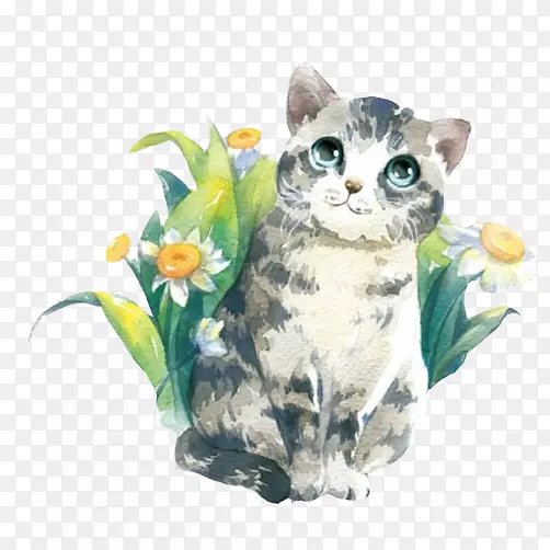 猫水彩画可爱插画-藏在草地上可爱的猫