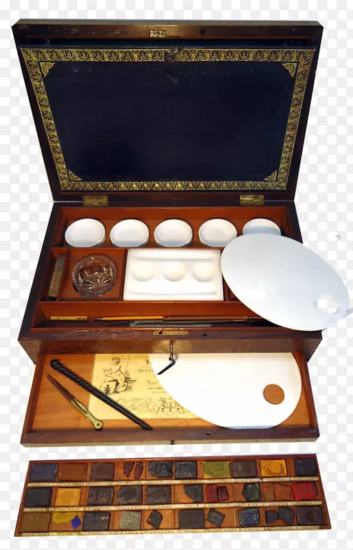 水彩画盒艺术家-带白色油漆托盘的老式绘画盒