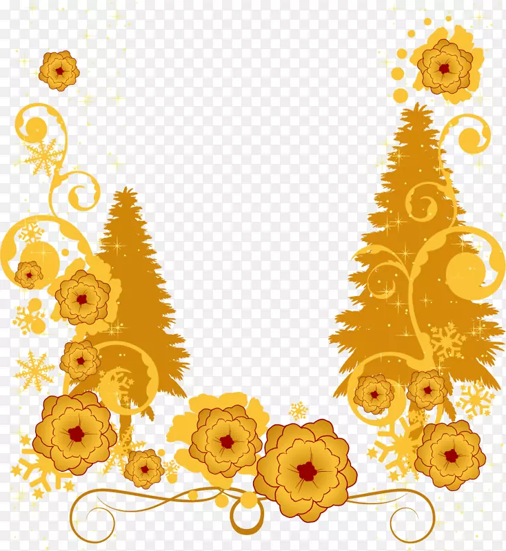 黄色插图-淘宝创意，花，圣诞树，圣诞材料，黄金