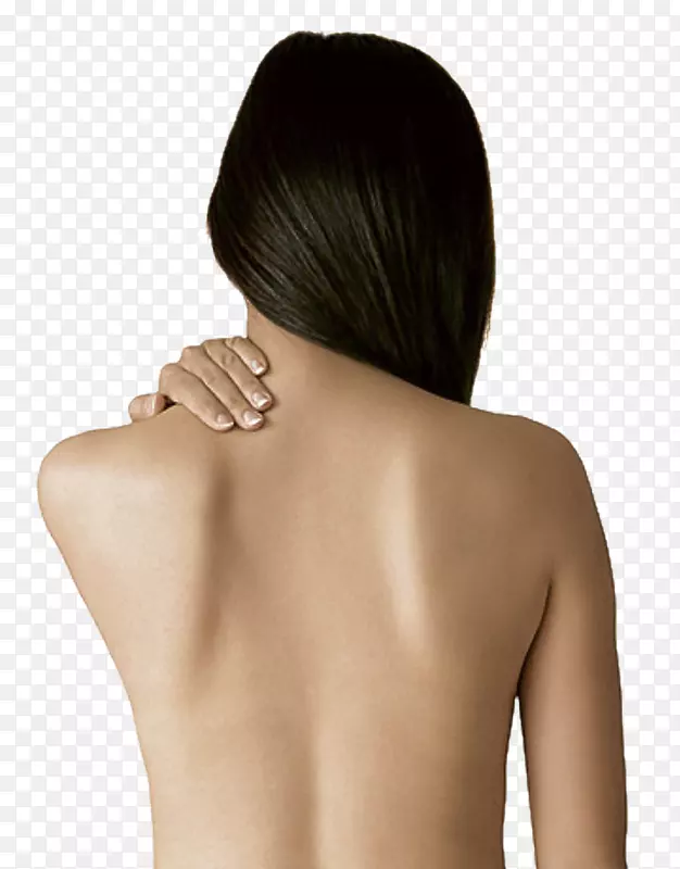 痤疮丘疹人背部瘢痕胶原诱导疗法？女性长直发，背部覆盖颈部和颈部近距离检查。