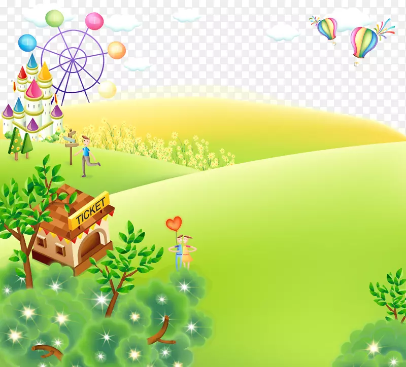 卡通儿童游乐场-城堡草屋景观手绘卡通气球