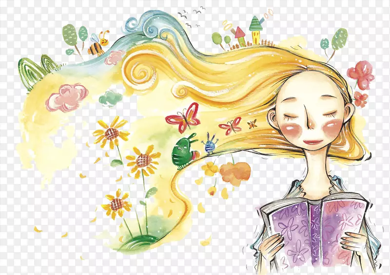 水彩画童年插画-插图轻松，女孩的头发正在吹拂