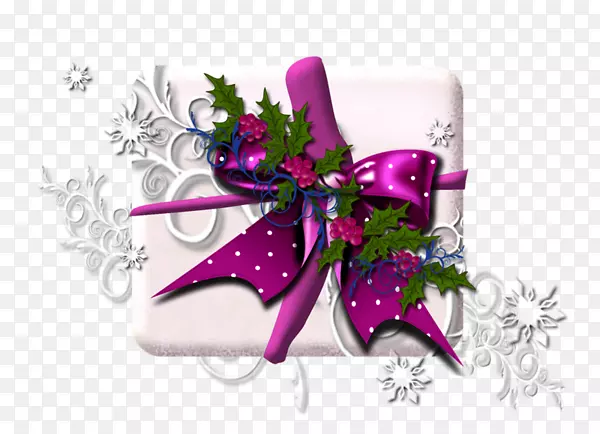 圣诞礼物紫花图案花-盒子在蝴蝶结上