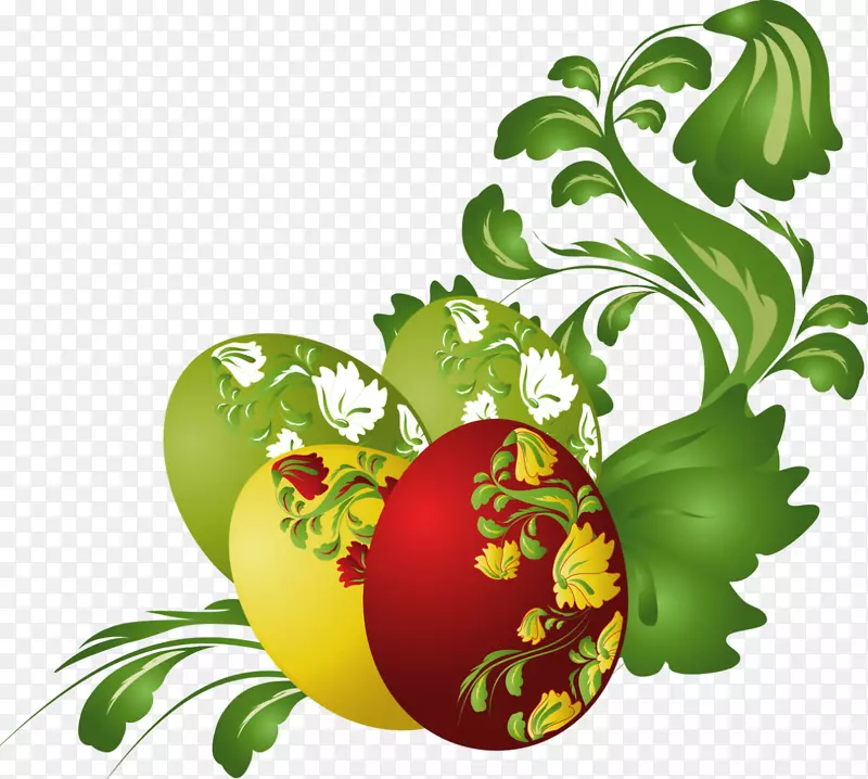 复活节兔子彩蛋插图-3个彩蛋花绿叶
