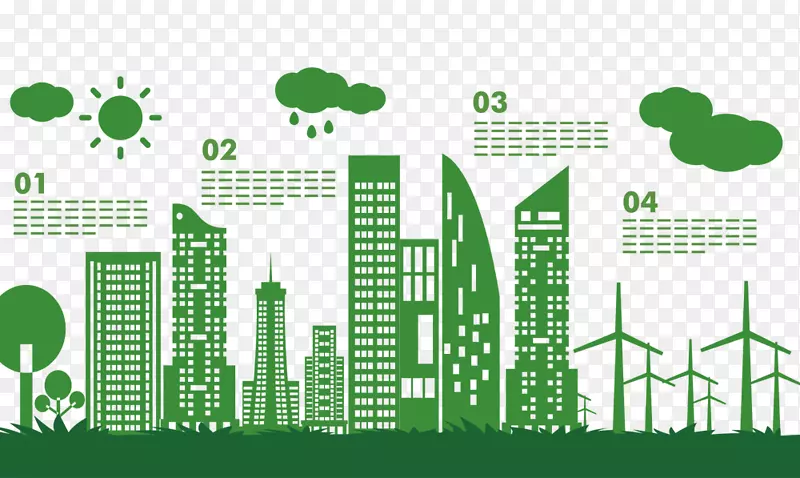 横幅信息图绿色插图.绿色剪影城市建筑
