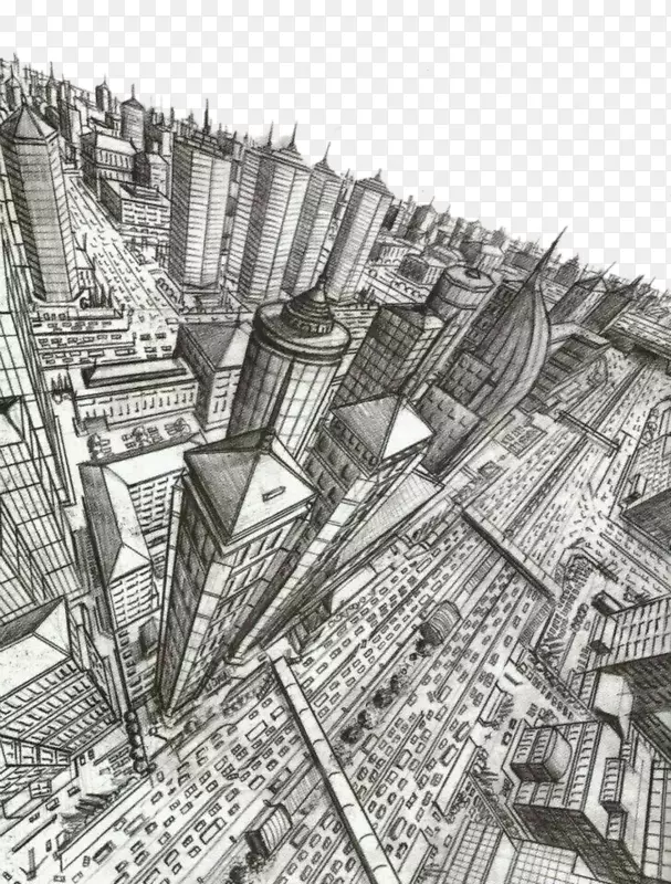 绘制透视图蠕虫视图草图-俯瞰城市