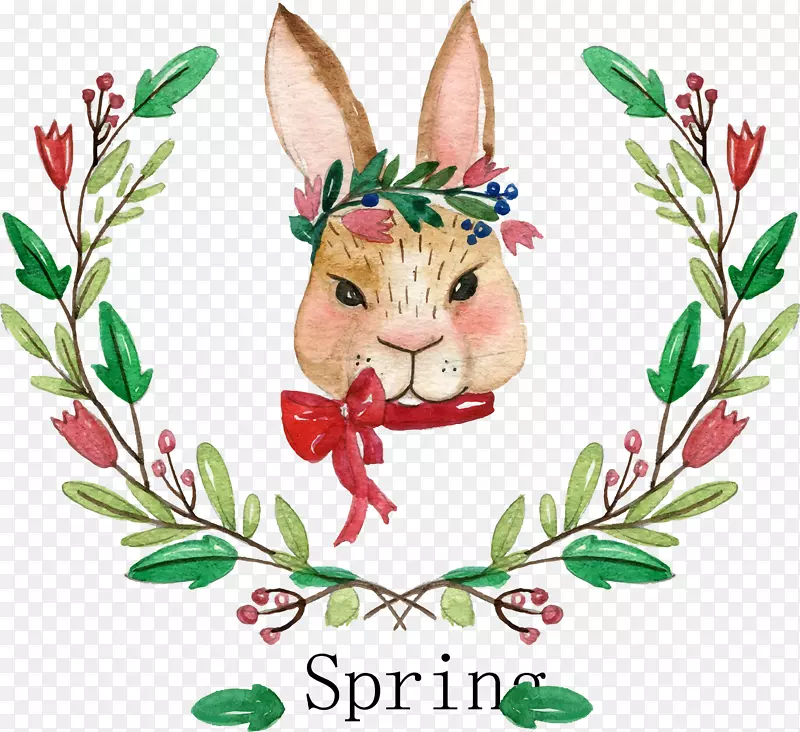 水彩画兔画水绘兔头和花