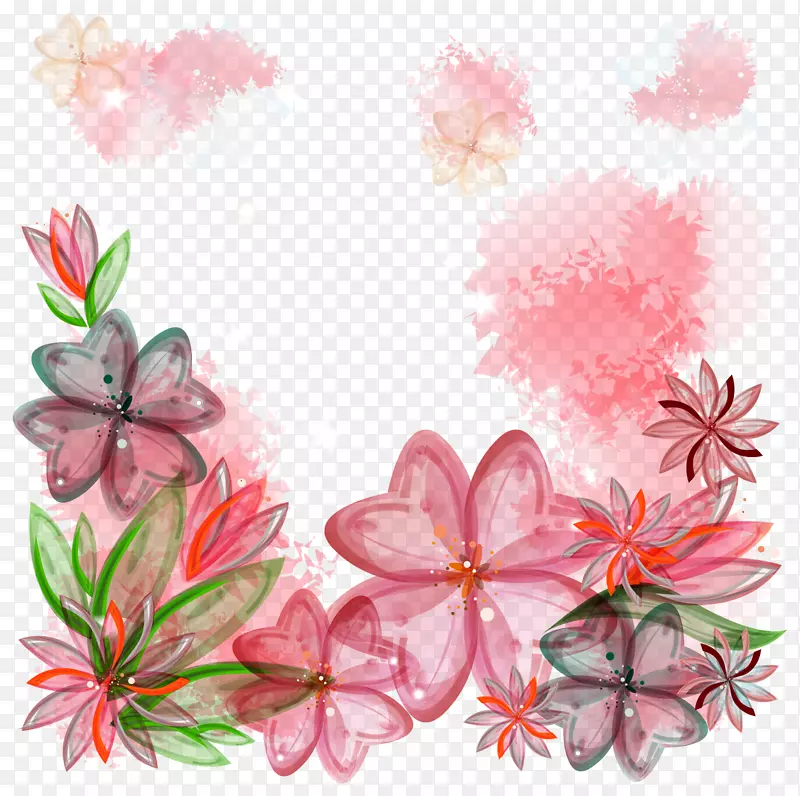 粉红花卉摄影.手绘彩色花卉图