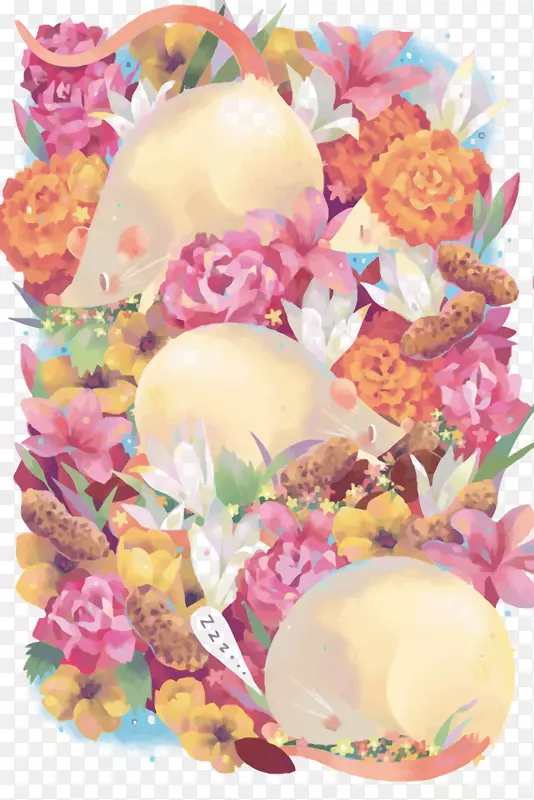 水彩画艺术插图-水彩鼠标和花