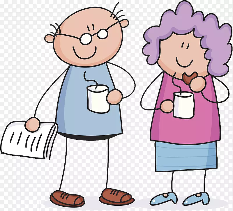 画卡通插图-一个简单的老人喝咖啡，老太太