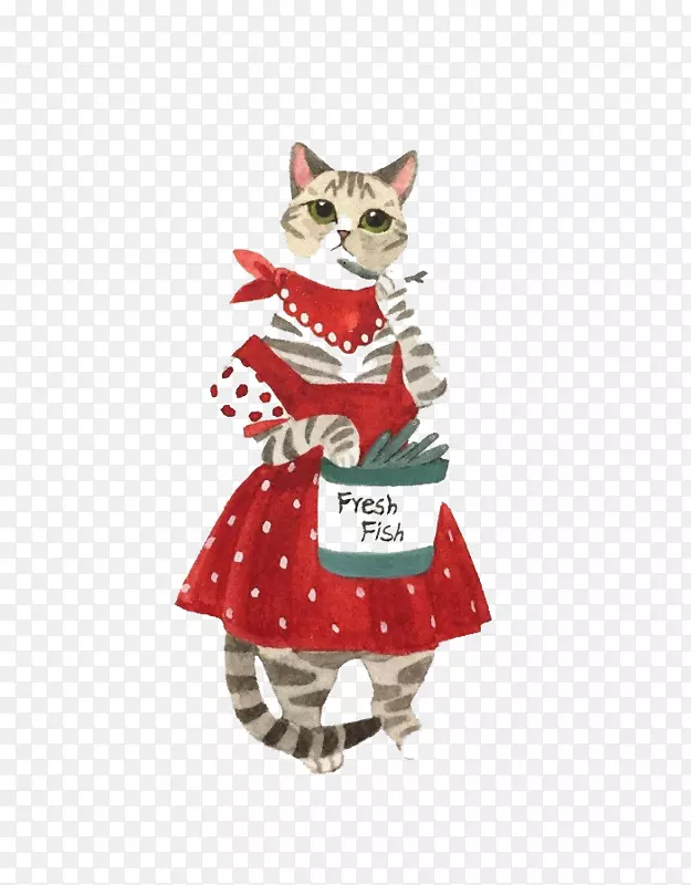 猫画插画-红色短裙猫