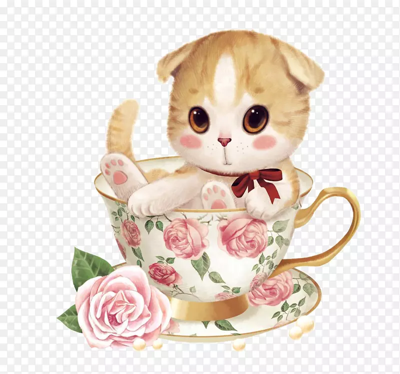 猫画茶杯里的卡通猫