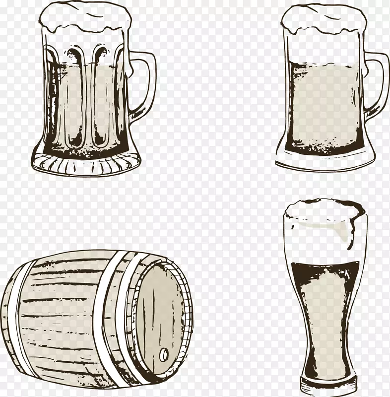 啤酒饮料，梅森，罐子，手工艺，加加杜吉-画了三杯啤酒和一个木桶。
