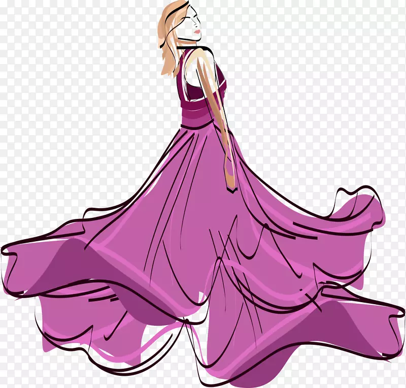 时装表演模特儿把纸画得漂亮的手绘连衣裙