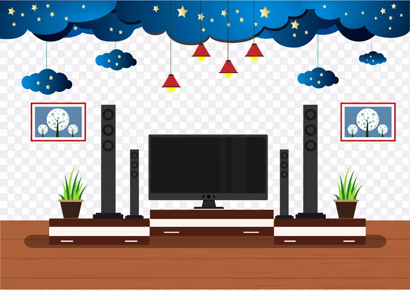 客厅土坯插画-创意平面起居室电视背景