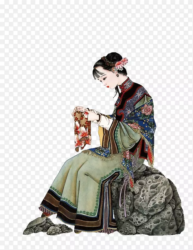 刺绣手工艺女装-坐在石头上的美女