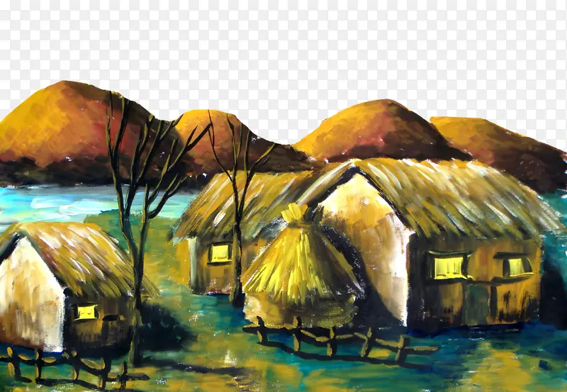 油画山水画-茅草屋油画