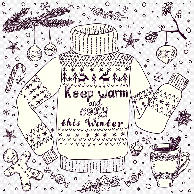 圣诞绘画插图.毛衣温暖的冬装