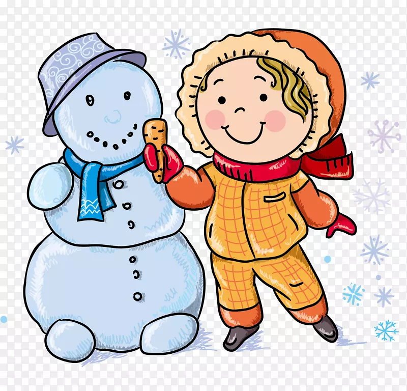 儿童冬装玩剪贴画-儿童和雪人载体