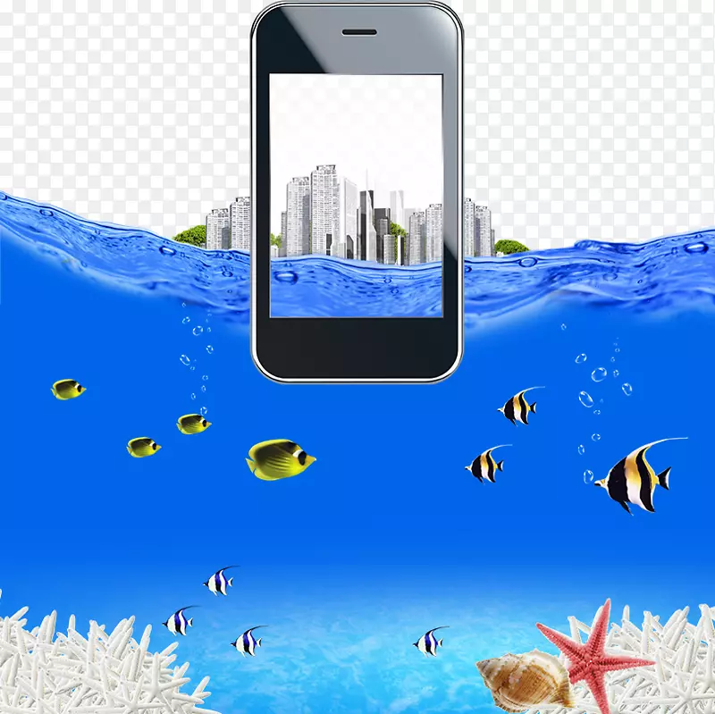招贴画海洋智能手机-智能手机和水下世界