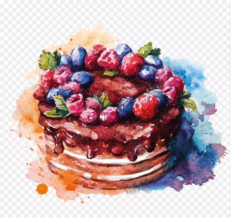 分层蛋糕水彩画绘制草莓蛋糕