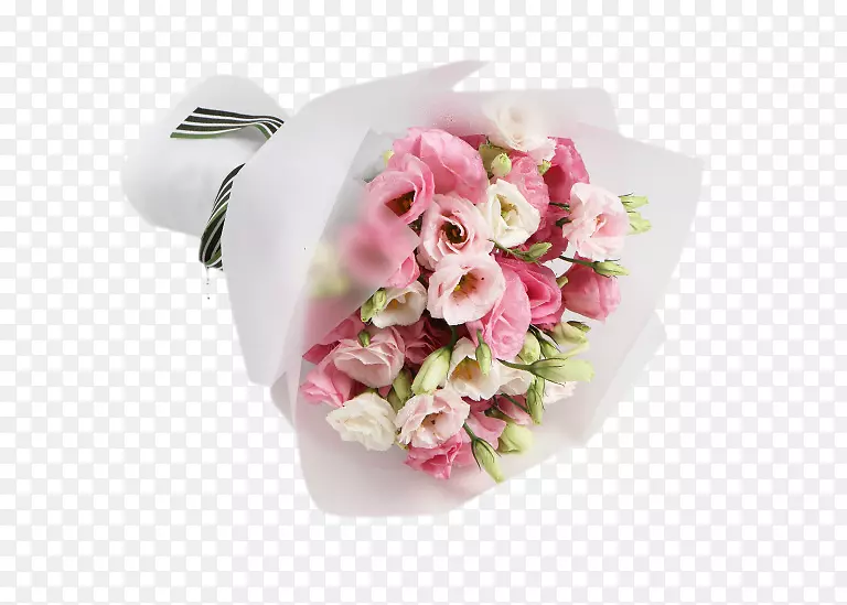 花园玫瑰、花束、粉红色花束.粉红色玻璃纸包装制的钟状花束