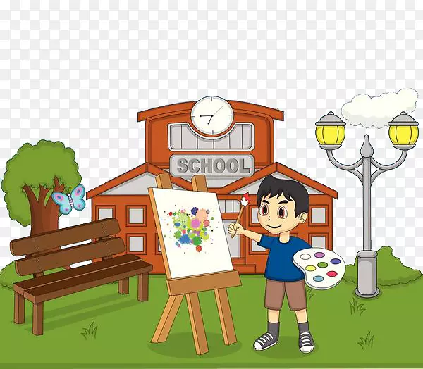 绘画画布插图-一个孩子在户外写生