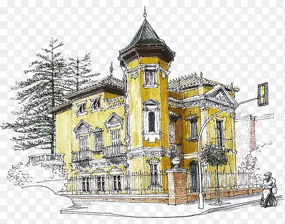 绘画素描-老式黄色建筑
