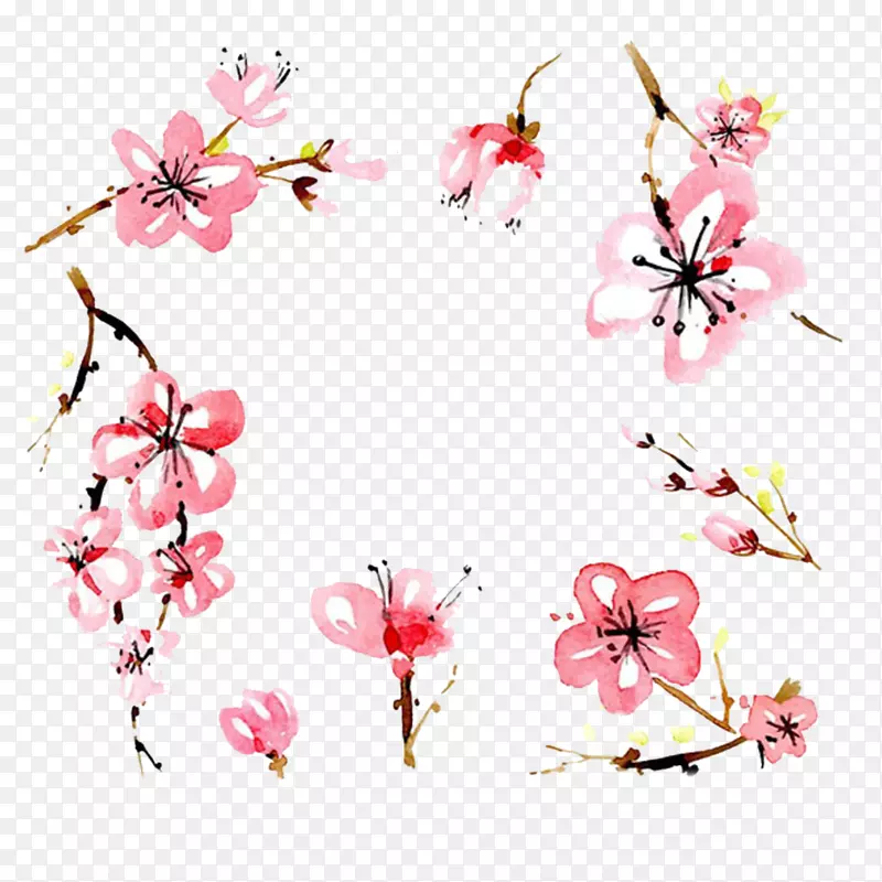 樱花花纹水彩画-可爱的手绘樱桃树免费扣料
