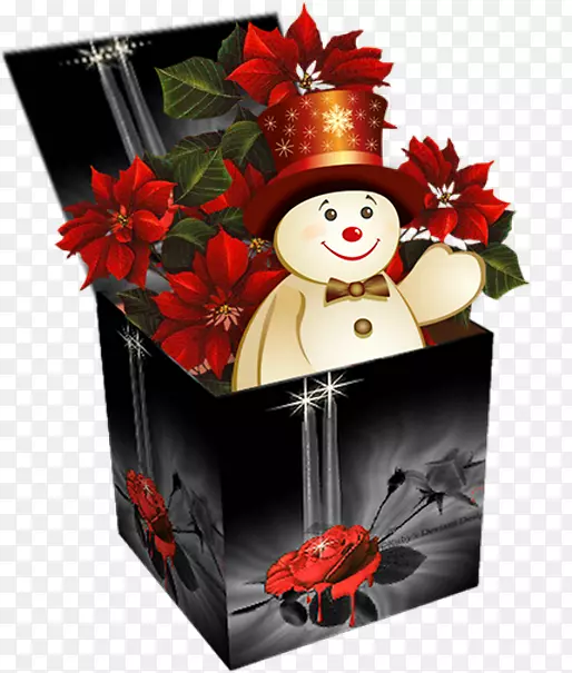 夫人。圣诞老人圣诞礼物带来卡通盒鲜花和雪人