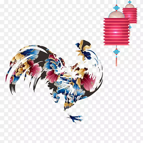 生肖-彩色鸡红灯笼