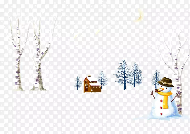冬季雪人图-房屋和雪人在雪地上