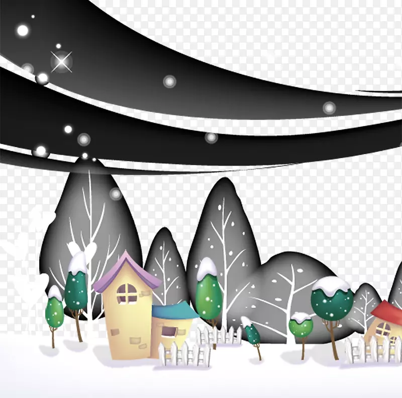乡村卡通-雪上的卡通房子和树