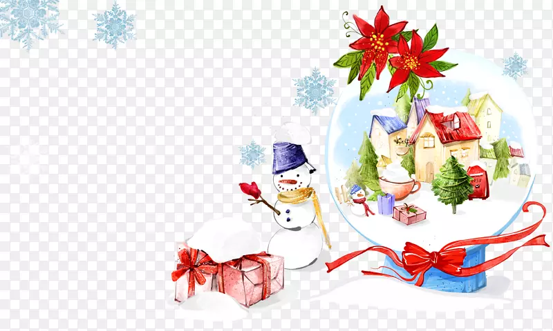 圣诞装饰礼物雪人插图雪人旁边的雪人水晶球在雪屋