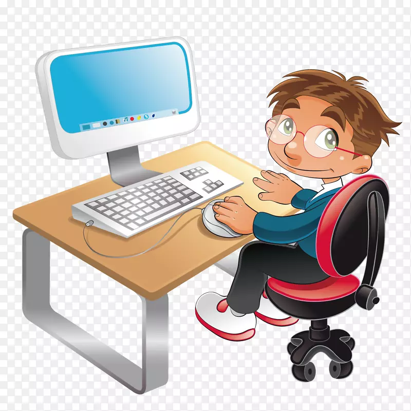 学生电脑动画剪辑艺术-坐在电脑前学习的小男孩。