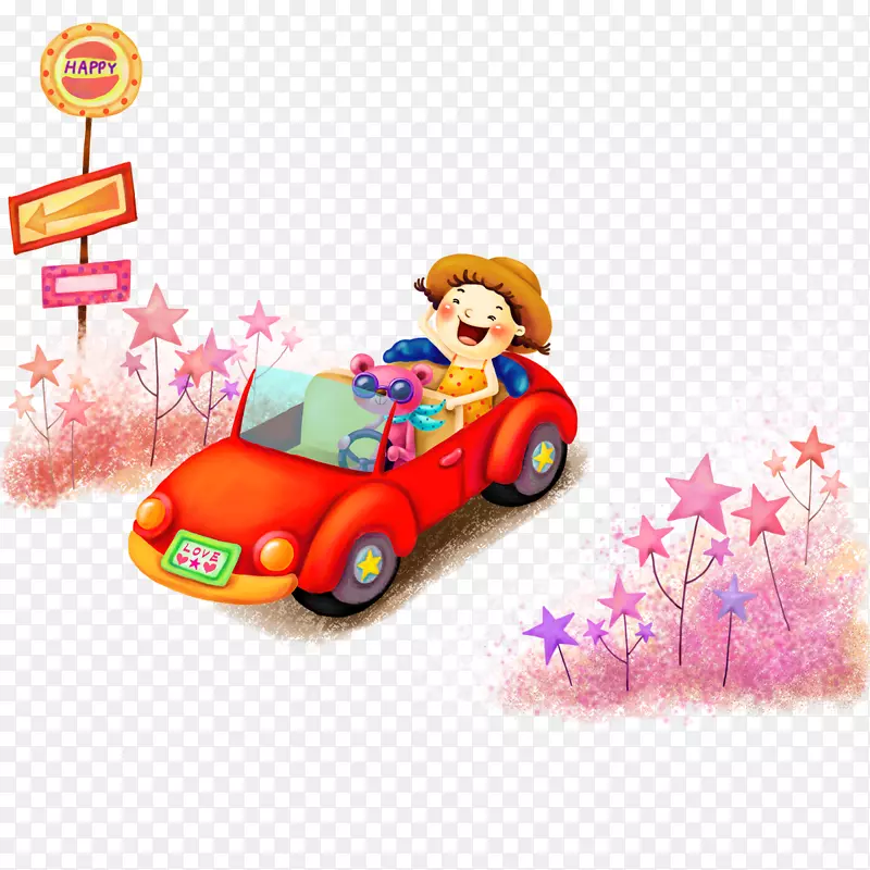 卡通安卓文字插图-熊驾驶一辆红色的汽车和女孩