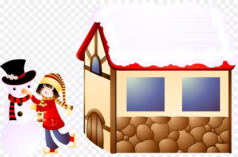 卡通画插图-雪人和小房子