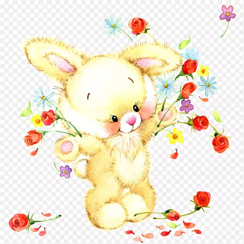 水彩画插图免费插画-兔子扔花