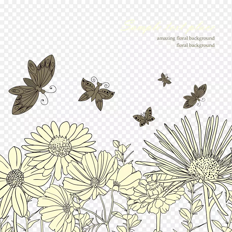 蝴蝶黑白花.蝴蝶和花黑白线艺术背景.材料
