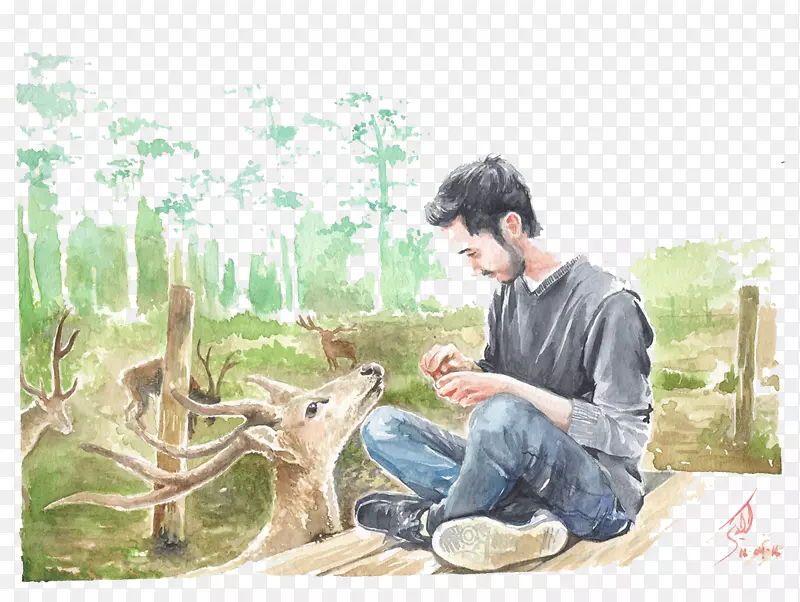 驯鹿野生动物画人和鹿