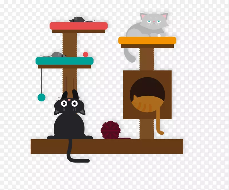 猫玩和玩具猫科插图-黑色创意卡通挂猫图案