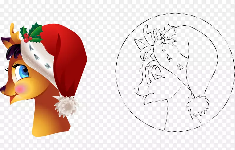 鲁道夫驯鹿圣诞老人-手绘卡通艺术品颜色的母鹿戴着圣诞帽
