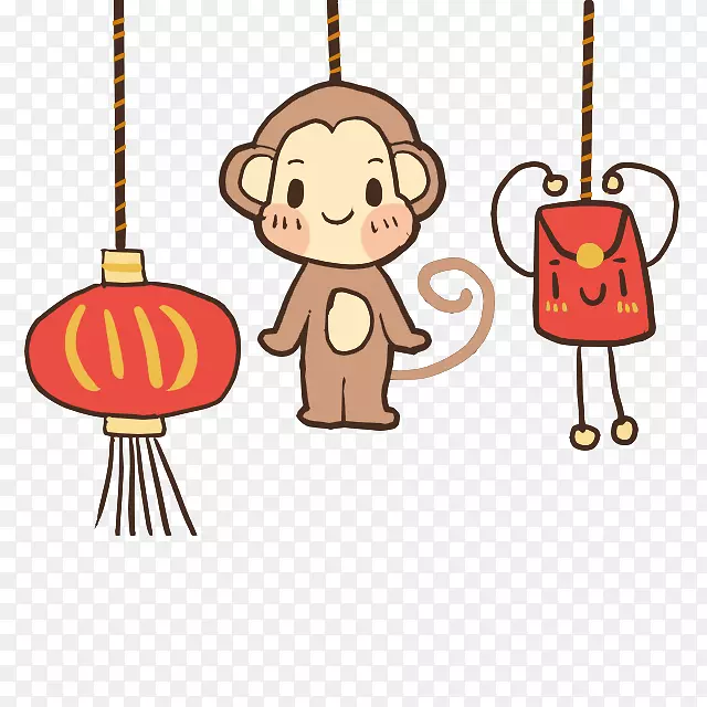 卡通剪贴画-可爱的卡通猴子，灯笼，红色