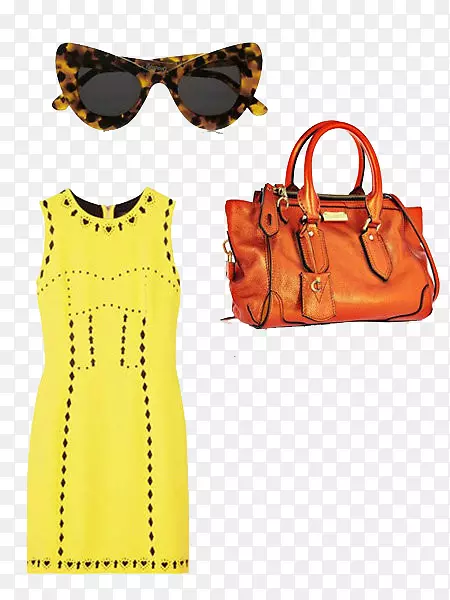 时尚服装秋季礼服手提包-明亮的黄色夏季连衣裙与无花果。
