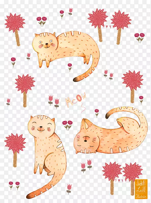 猫插画艺术插图.手绘粉红猫图案