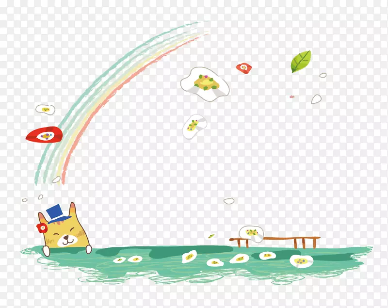 水彩画调色板插图-卡通猫和水彩调色板彩虹