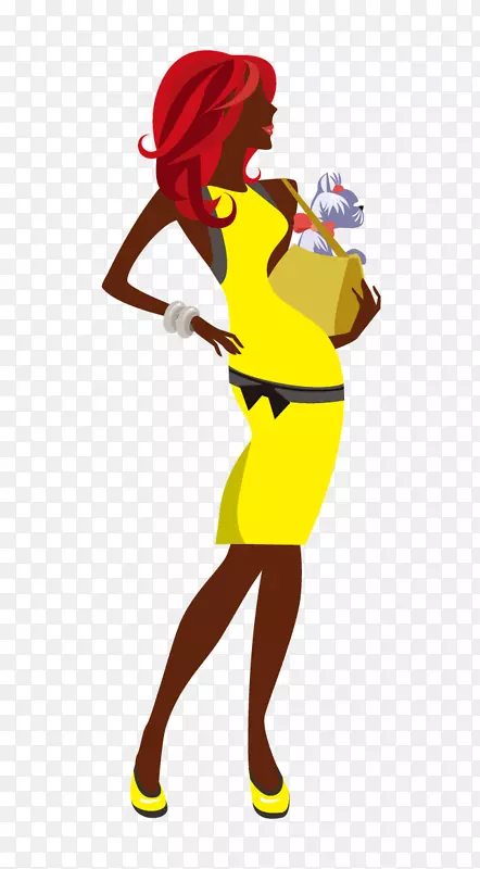 卡通女性插图-卡通猫拿着黄色衣服的女人