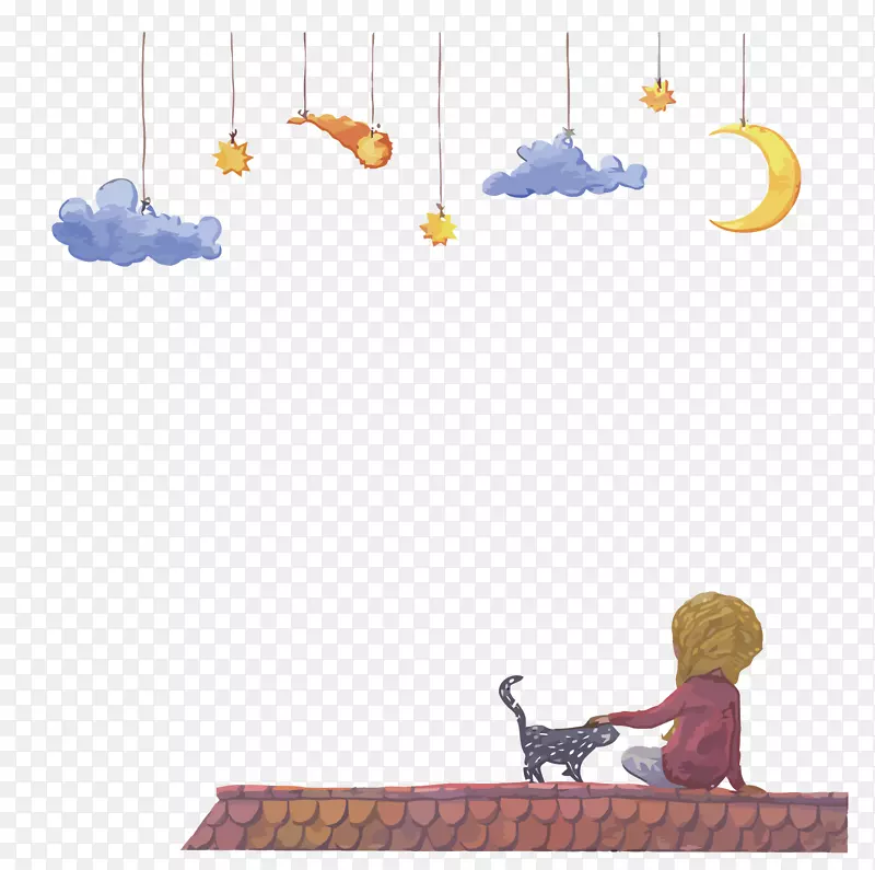 卡通云彩-夜空中的屋顶-看着孩子