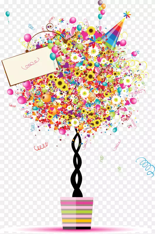 生日气球节日插画-五颜六色的创意树