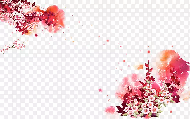 水墨画山水墙纸对角线彩色花